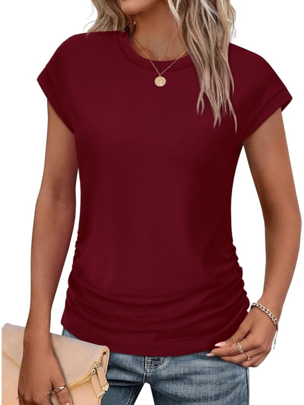 Women's Burgundy Polyester Blend Short Sleeve Crew Neck Pull On Henley Shirts